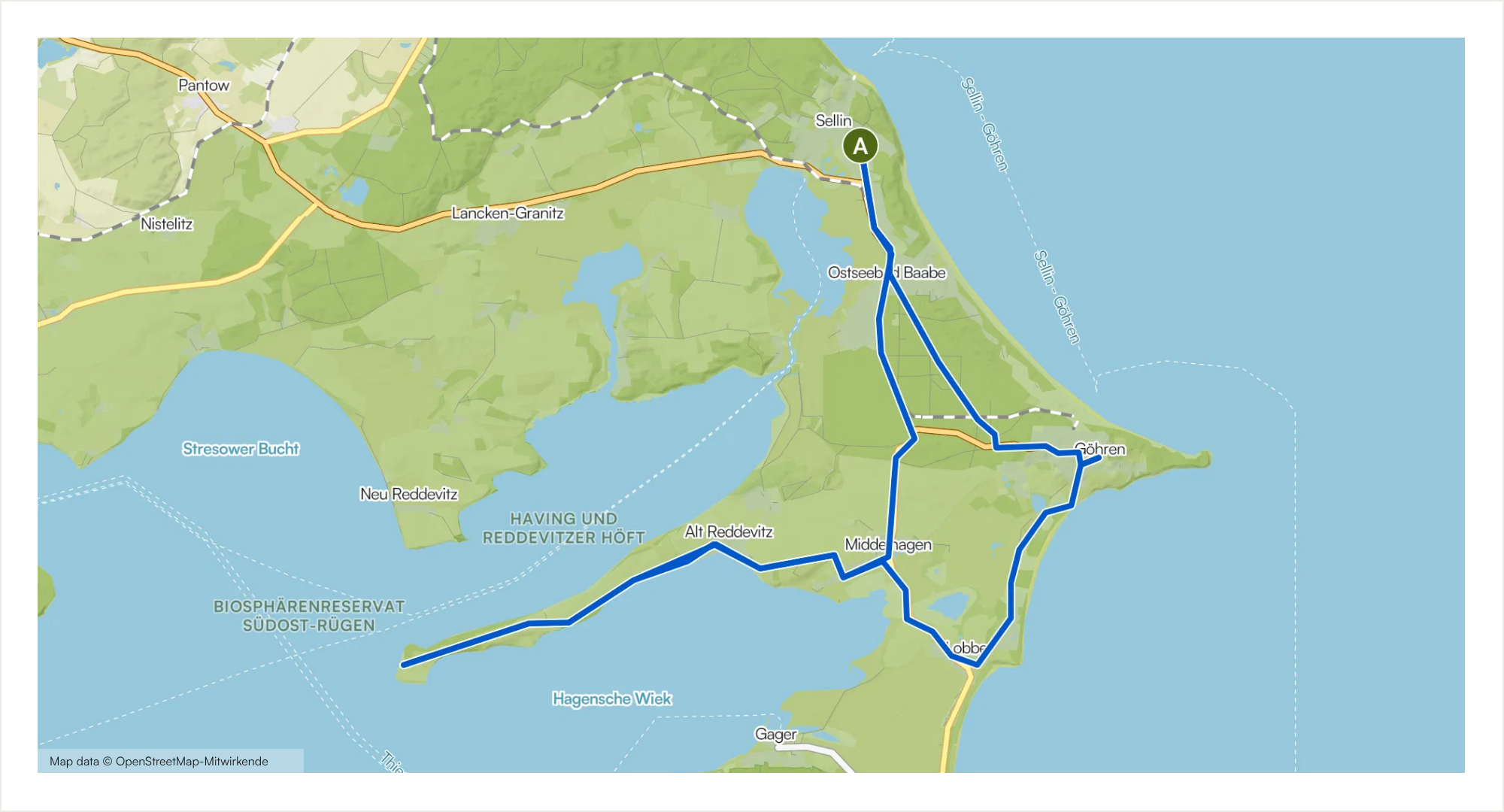Komoot-Karte der Tour Ein Stück Kuchen am Bodden mit eingezeichnetem Streckenverlauf ab und bis Hotel meerblau in Sellin
