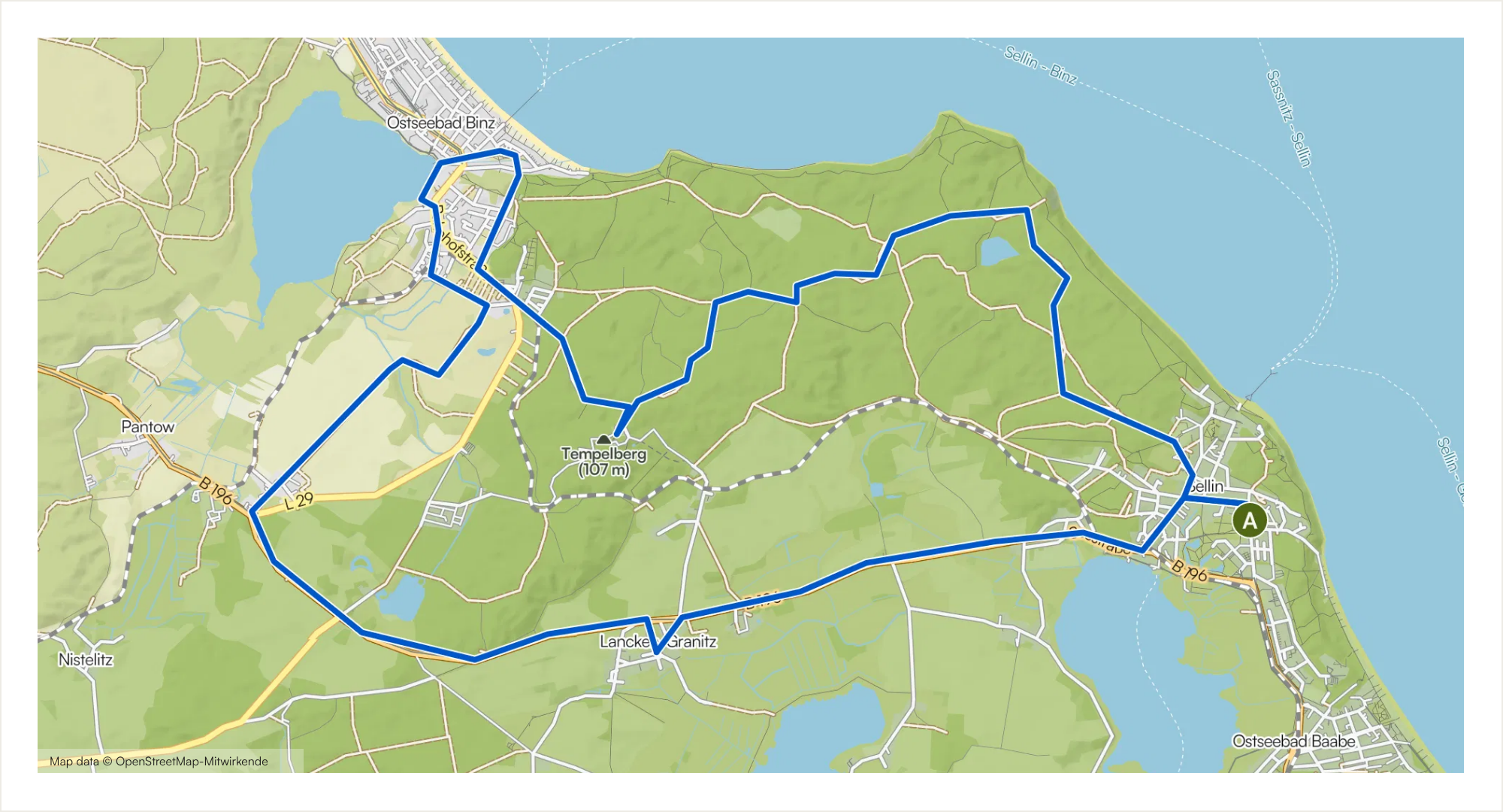 Komoot-Karte der Tour Zum Jagdschloss Granitz mit eingezeichnetem Streckenverlauf ab und bis Hotel meerblau in Sellin