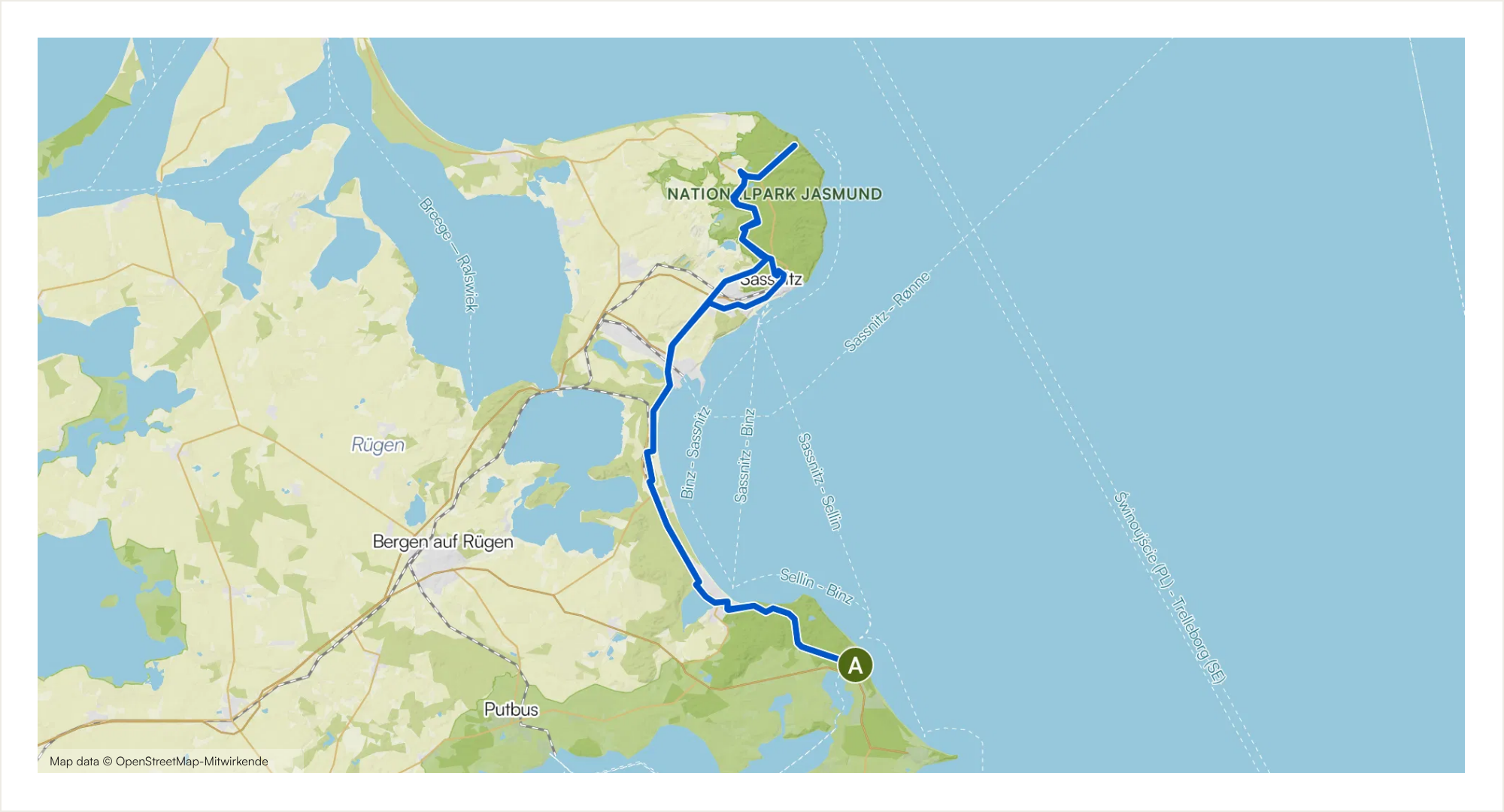 Komoot-Karte der Tour Ein großer Tag bis zum Königsstuhl mit eingezeichnetem Streckenverlauf ab und bis Hotel meerblau in Sellin
