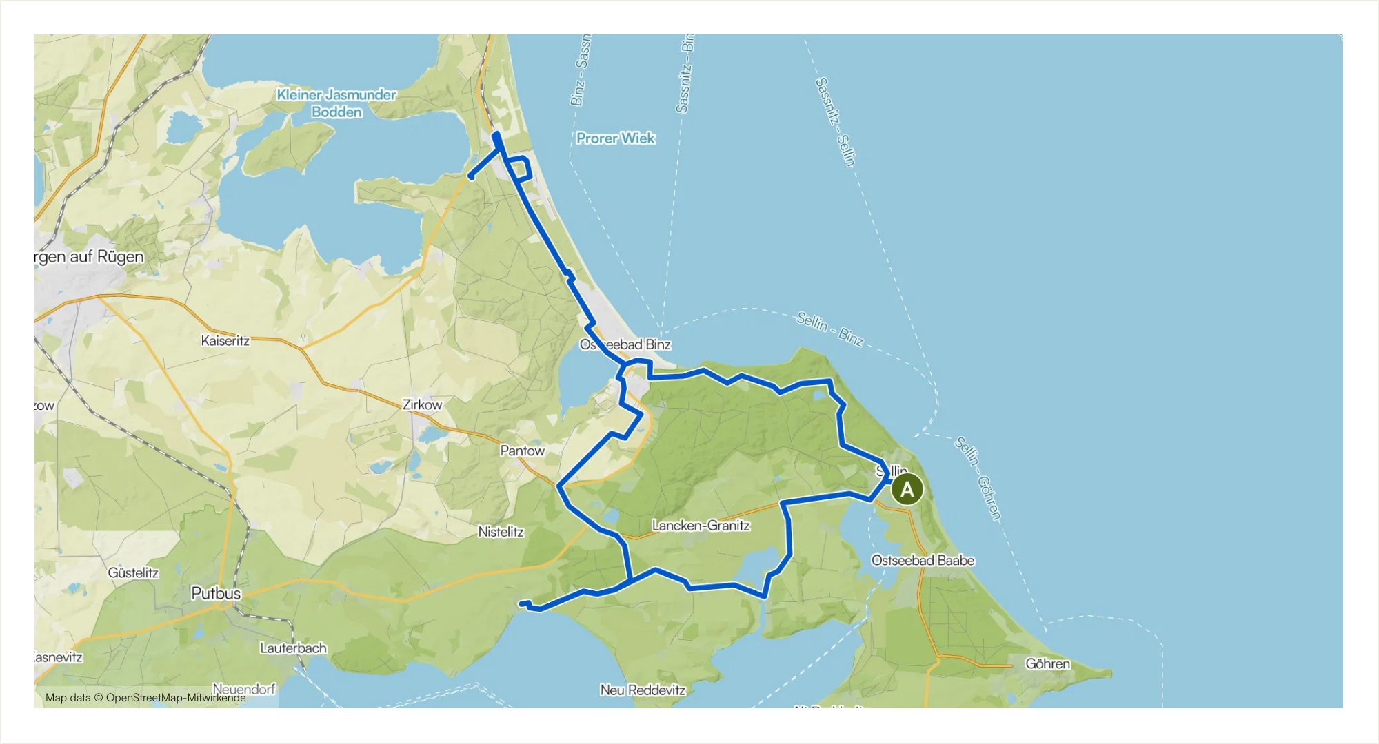 Komoot-Karte der Tour Prora mit Weitblick mit eingezeichnetem Streckenverlauf ab und bis Hotel meerblau in Sellin
